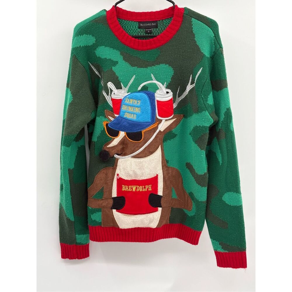 Blizzard Bay Sweater Ugly‎ Christmas Brewdolph Men Small Green Camo Beer Pouch